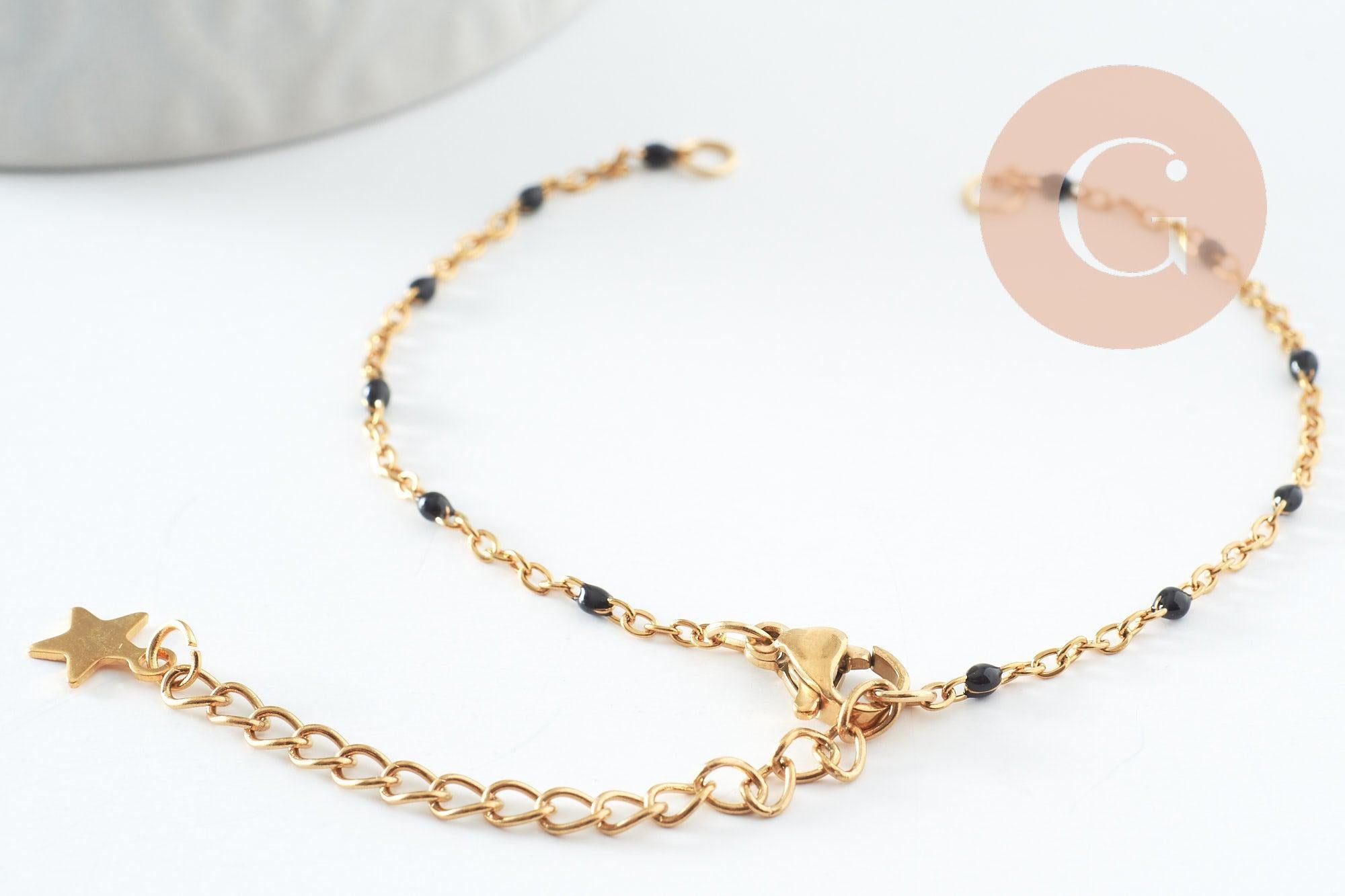 Base de bracelet réglable chaine satellite acier 304 doré inoxydable résine noire 16.5cm, x1 (G9594)
