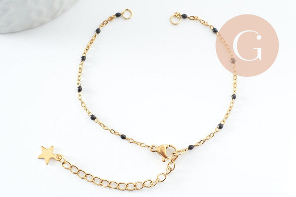 Base de bracelet réglable chaine satellite acier 304 doré inoxydable résine noire 16.5cm, x1 (G9594)