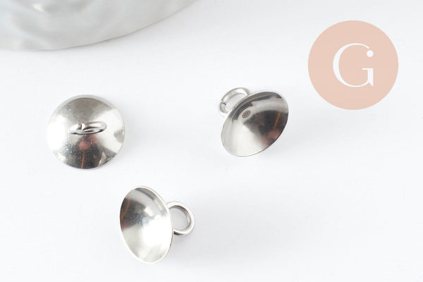 Bélière pendentif coupelle en acier platine 201 inoxydable 7.5x10mm, x5 (G9449)