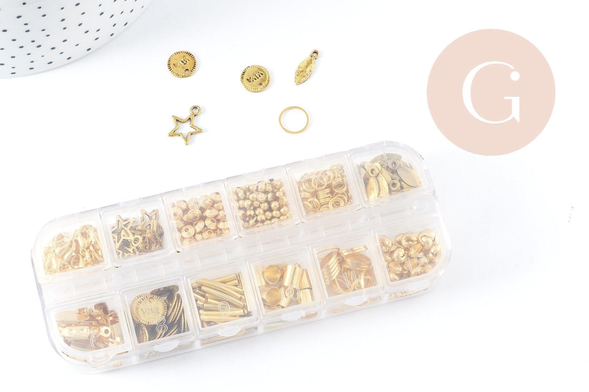 Boite Kit mix de 12 types de fournitures et perles zamac laiton doré, x1 (G8843)