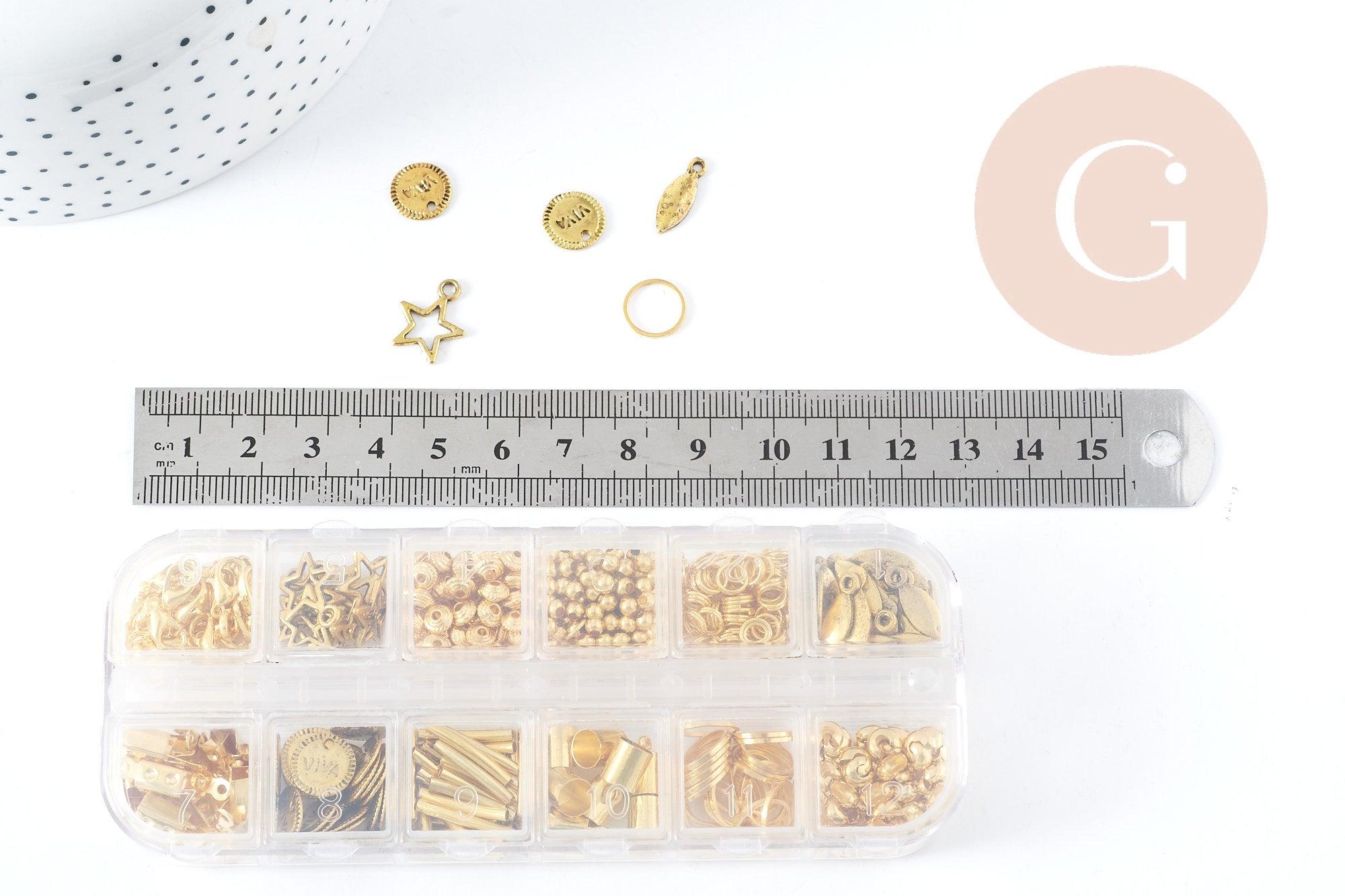 Boite Kit mix de 12 types de fournitures et perles zamac laiton doré, x1 (G8843)