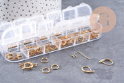 Box Kit mix of 12 types of supplies for jewelry in gold or platinum stainless steel, x1 (G10142/G10143)