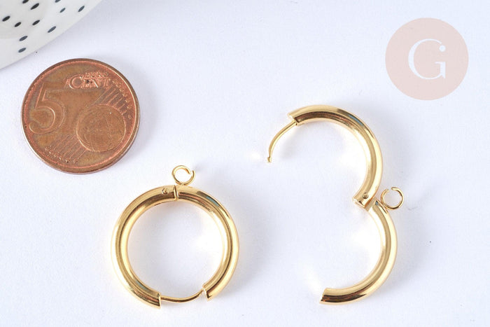 Boucles créole avec anneau dormeuse acier inoxydable doré 25mm, la paire (G7313)