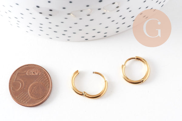 Boucles créoles minimalistes acier 304 inoxydable doré IP 18K 14mm, la paire (G3467)