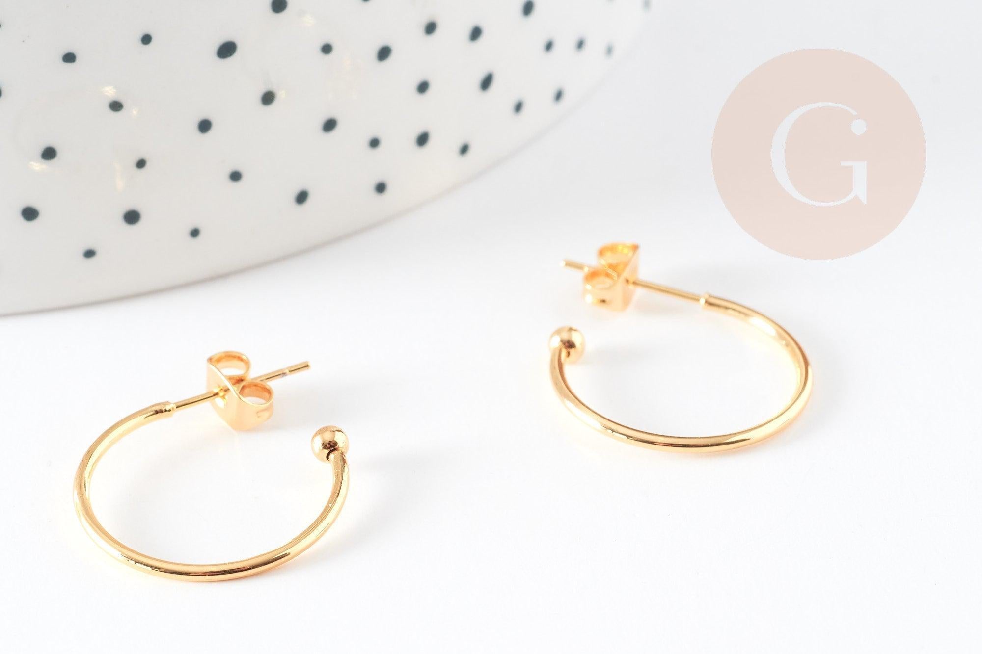 Boucles d'oreilles Anneau demi-créole puce doré 18k tige argent 925 23mm, x2 (G3582)