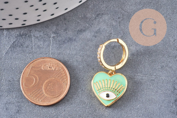 Boucles d'oreilles coeur oeil protecteur émail coloré laiton doré, la paire (G3775)