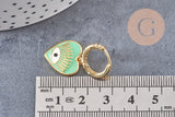 Boucles d'oreilles coeur oeil protecteur émail coloré laiton doré, la paire (G3775)
