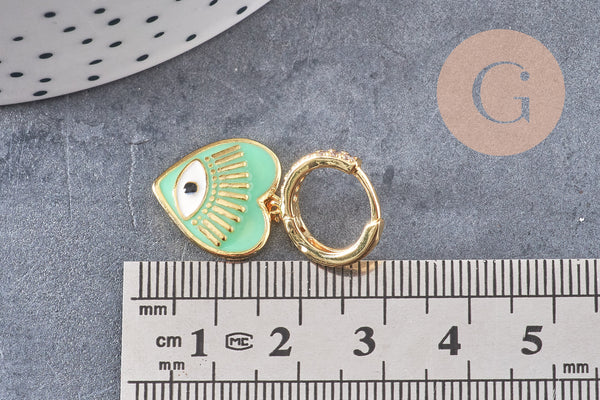 Boucles d'oreilles coeur oeil protecteur émail coloré laiton doré, la paire (G3775)