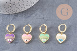 Boucles d'oreilles coeur oeil protecteur émail coloré laiton doré, la paire (G3775)