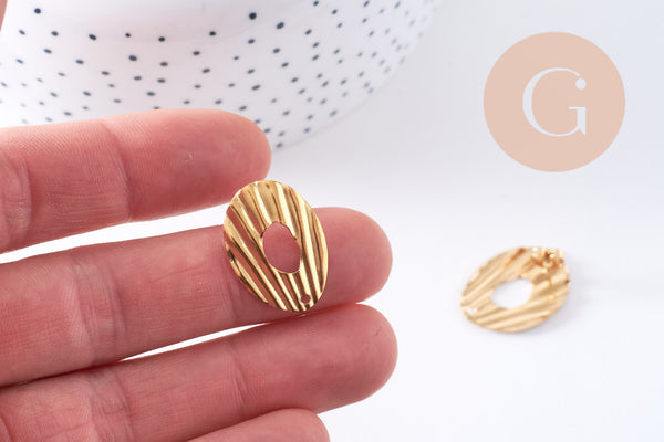 Boucles d'oreilles ovale strié acier inoxydable 304 doré 23mm, la paire (G10625)