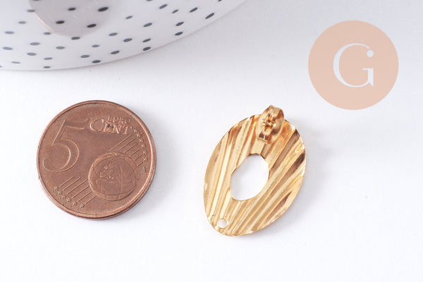 Boucles d'oreilles ovale strié acier inoxydable 304 doré 23mm, la paire (G10625)