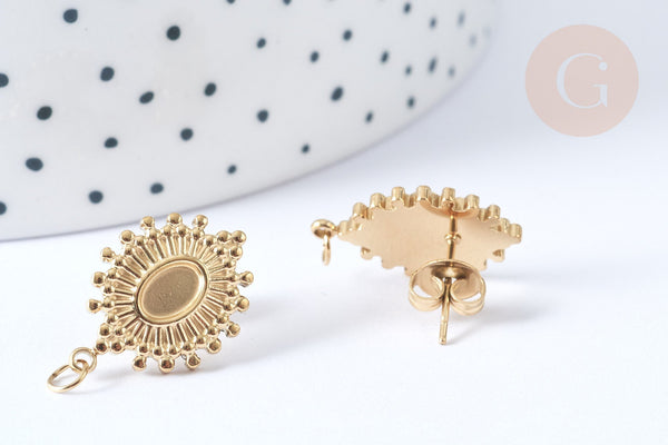 Boucles d'oreilles ovales puce acier 304 inoxydable doré cabochon 20x14mm, la paire (G7856)