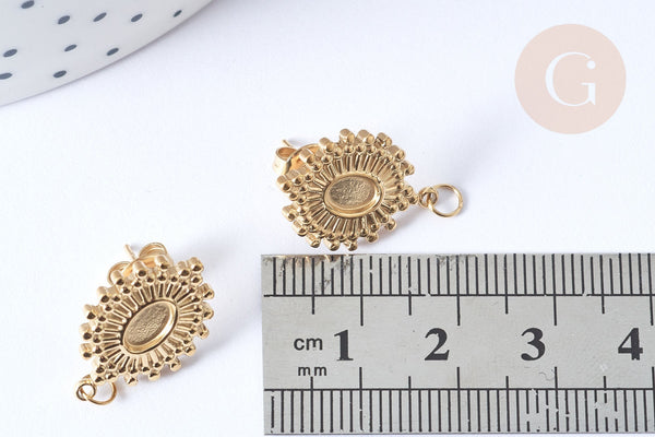 Boucles d'oreilles ovales puce acier 304 inoxydable doré cabochon 20x14mm, la paire (G7856)
