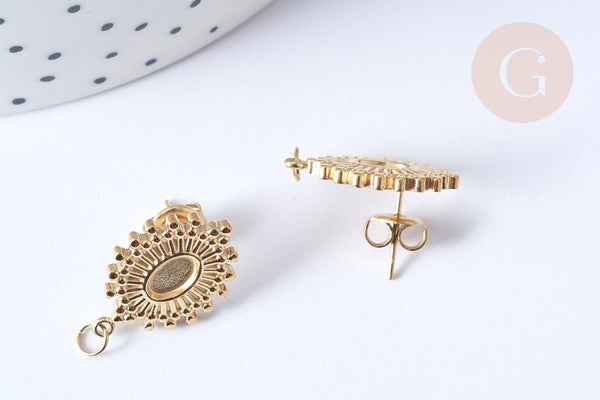 Boucles d'oreilles ovales puce acier 304 inoxydable doré cabochon 20x14mm, la paire (G7856)