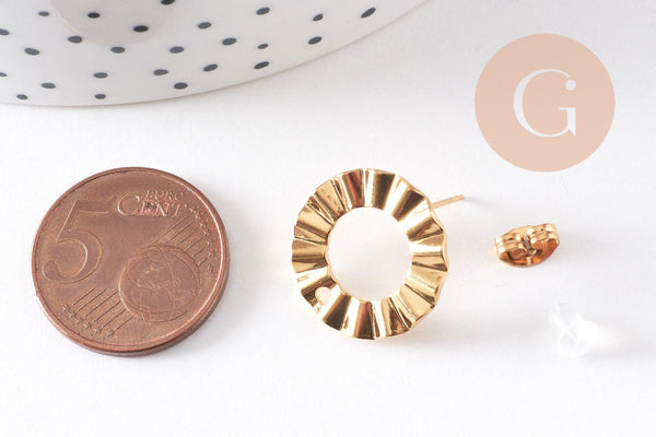 Boucles d'oreilles puce disque texturé acier 304 inoxydable doré IP 18K 18mm, la paire (G10477)