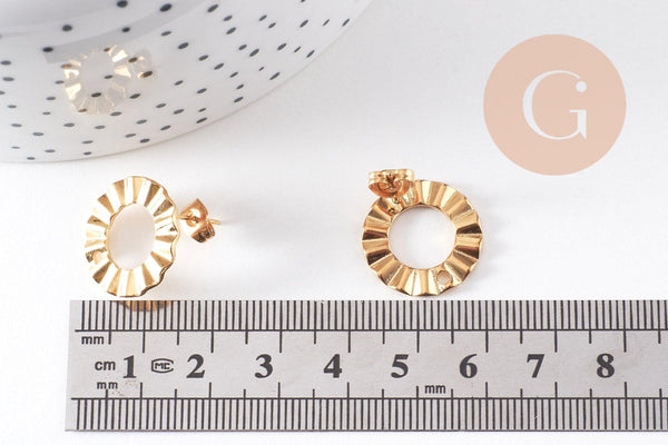 Boucles d'oreilles puce disque texturé acier 304 inoxydable doré IP 18K 18mm, la paire (G10477)