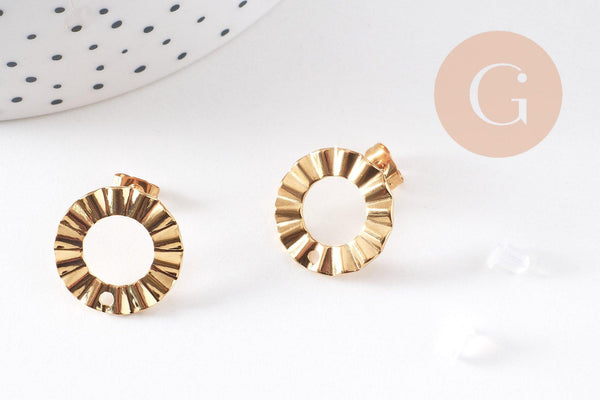 Boucles d'oreilles puce disque texturé acier 304 inoxydable doré IP 18K 18mm, la paire (G10477)