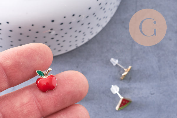Boucles puces laiton doré email fruit, x4 (G10579)