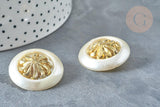Bouton ancien rond Soleil écru et or polyester 27mm, fourniture de mercerie vintage, x1 G7433