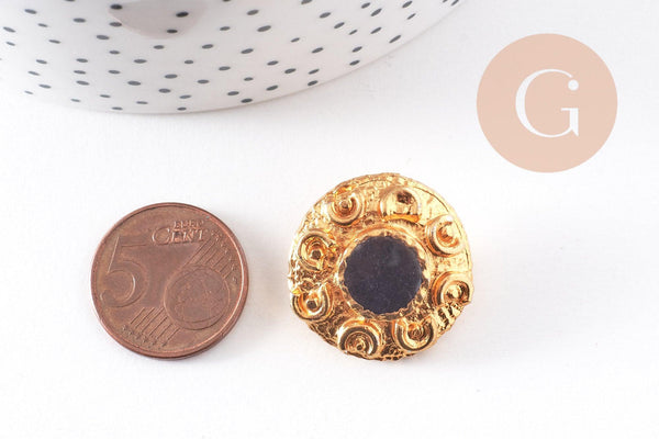 Bouton ancien rond or et émail noir baroque 23mm, x1 (G10151)