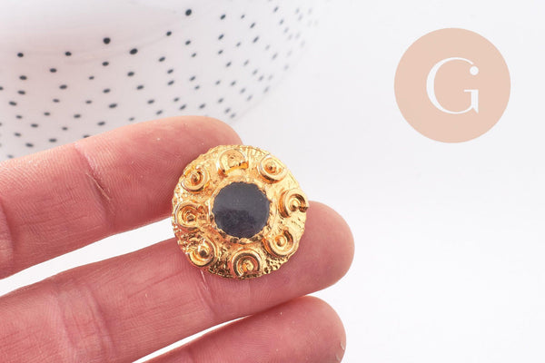 Bouton ancien rond or et émail noir baroque 23mm, x1 (G10151)