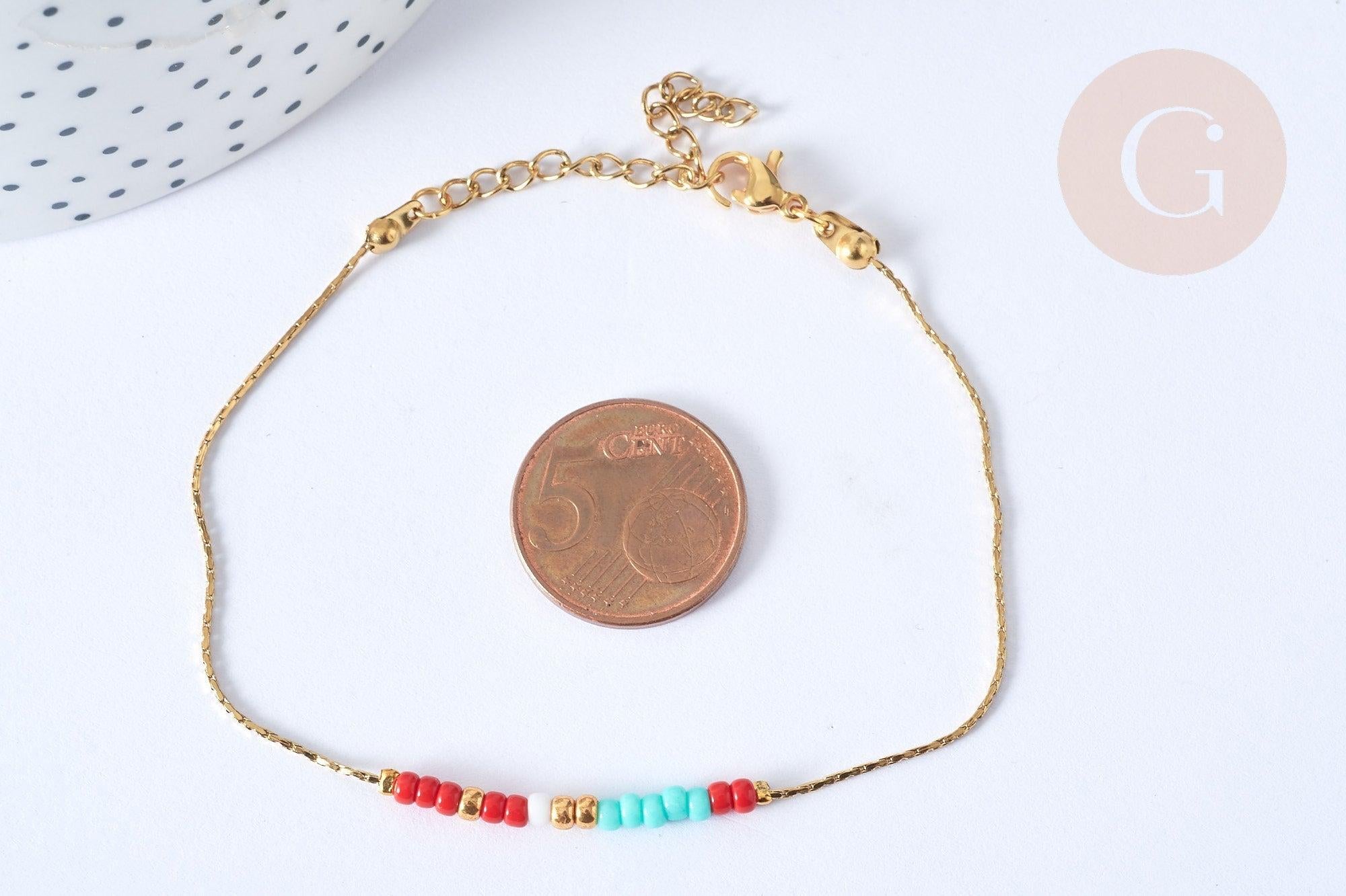 Bracelet Perles rocailles multicolores acier 304 inoxydable doré 19cm, x1 (G7902)