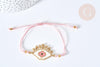 Bracelet Réglable losange mauvais œil rose or 28cm cordon nylon perles rocailles tissées , x1 (G7691)