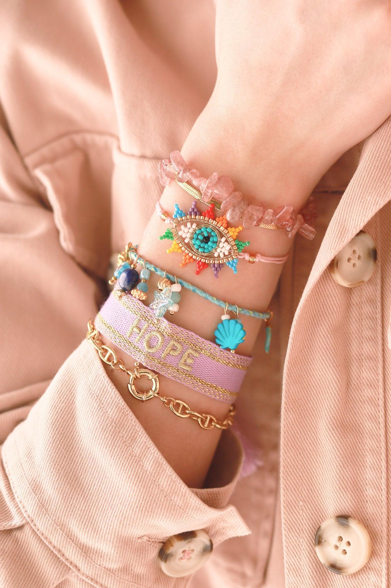 Bracelet Réglable mauvais œil multicolore 28cm cordon rose nylon perles rocailles tissées , x1 (G7689)