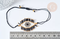 Bracelet Réglable mauvais œil noir et or 28cm cordon nylon perles rocailles tissées , bijou chance à offrir, bracelet amitié, x1 (G7634)