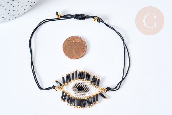Bracelet Réglable mauvais œil noir et or 28cm cordon nylon perles rocailles tissées , bijou chance à offrir, bracelet amitié, x1 (G7634)