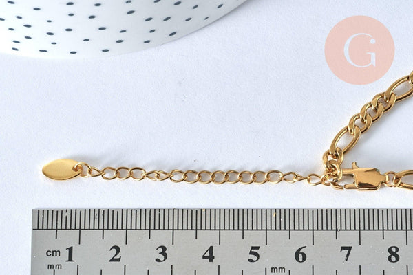 Bracelet ajustable maille figaro or acier 14k 16.1cm, x1 (G5965)