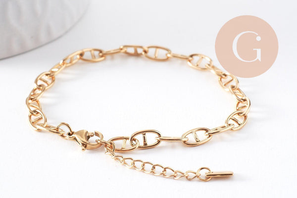 Bracelet chaine maille marine acier 304 inoxydable doré IP 14k 16.7cm, x1 (G10348)