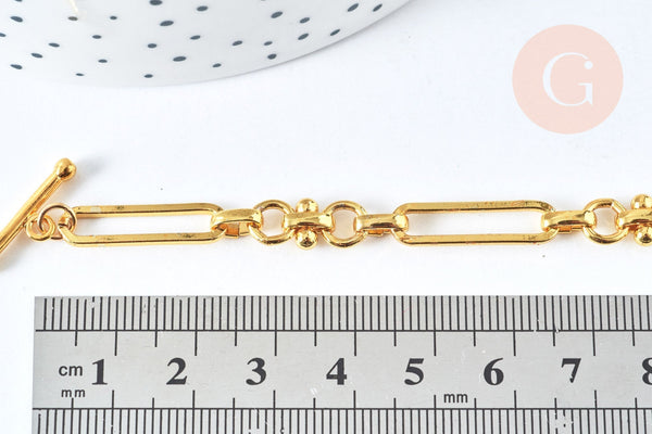 Bracelet chaîne maille rectangle trombones laiton doré 19cm fermoir T, x1 (G6975)