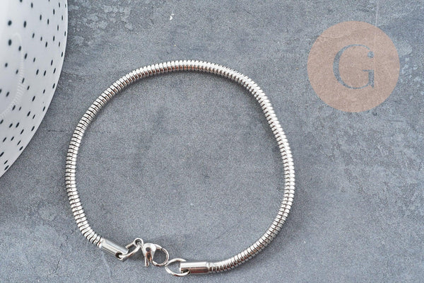 Bracelet chaine ronde serpent acier 304 inoxydable platine 190x3mm, x1 (G9041)
