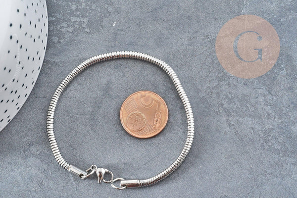 Bracelet chaine ronde serpent acier 304 inoxydable platine 190x3mm, x1 (G9041)