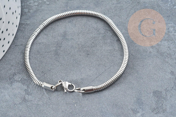 Bracelet chaine ronde serpent acier 304 inoxydable platine 190x3mm, x1 (G9041)