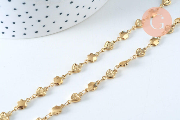 Bracelet cœur & fleur réglable acier doré 14k, 21cm, x1 (G6233)