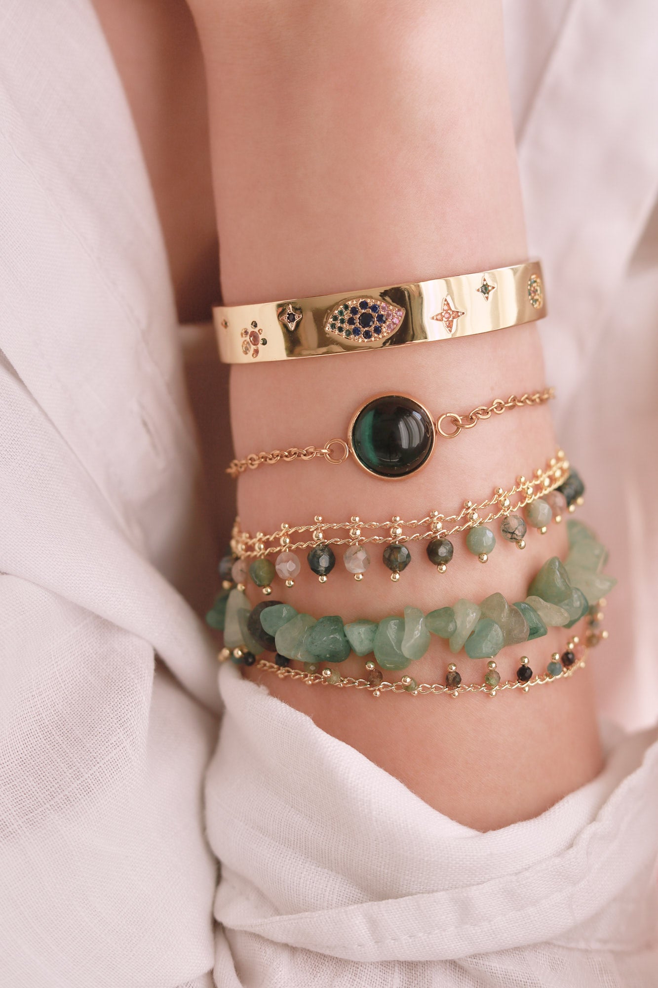 Bracelet complet cabochon rond 12mm acier 304 inoxydable doré 15.9cm x1 (G8885)