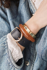 Bracelet cuir marine réglable boucle dorée 25.5mm, x1 (G2494)
