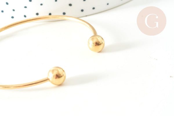 Bracelet jonc ouvert finition boule 2mm acier 304 inoxydable doré 50~65mm, x1 (G7734)