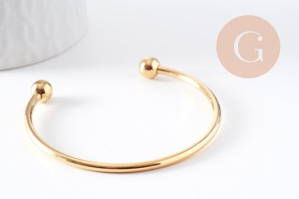 Bracelet jonc ouvert finition boule 2mm acier 304 inoxydable doré 60mm, x1 (G10311)