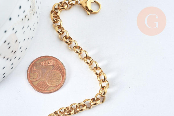 Bracelet maille rollo acier inoxydable 304 doré 14k, 1.5mm, 20.5cm, x1 (G6893)