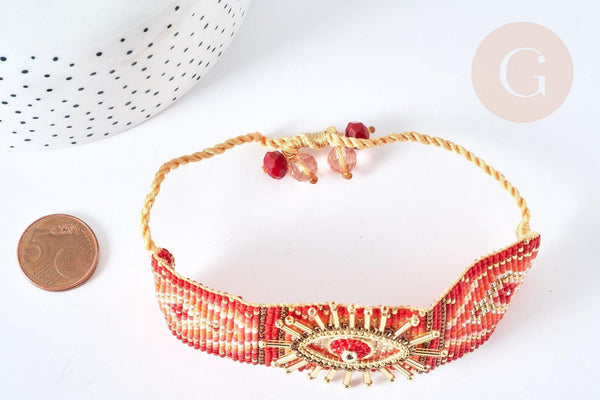 Bracelet manchette Réglable oeil protecteur cordon nylon perles rocailles tissées rouge 28cm, bijou chance à offrir, bracelet amitié, x1 (G7635)
