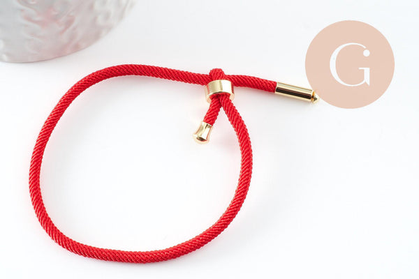 Bracelet réglable cordon polyester rouge acier 304 platine 23-25cm, x1 (G9573)