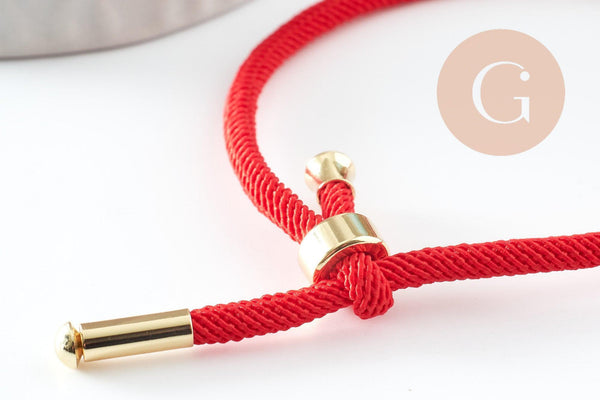 Bracelet réglable cordon polyester rouge acier 304 platine 23-25cm, x1 (G9573)