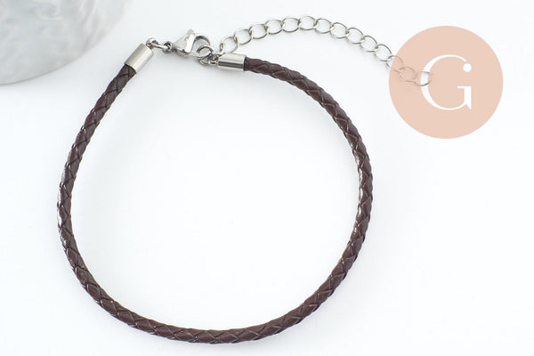 Bracelet réglable cuir cacao acier platine 304 inoxydable 3mm-21.5cm, bracelet unisexe acier inoxydable, x 1 (G9574)