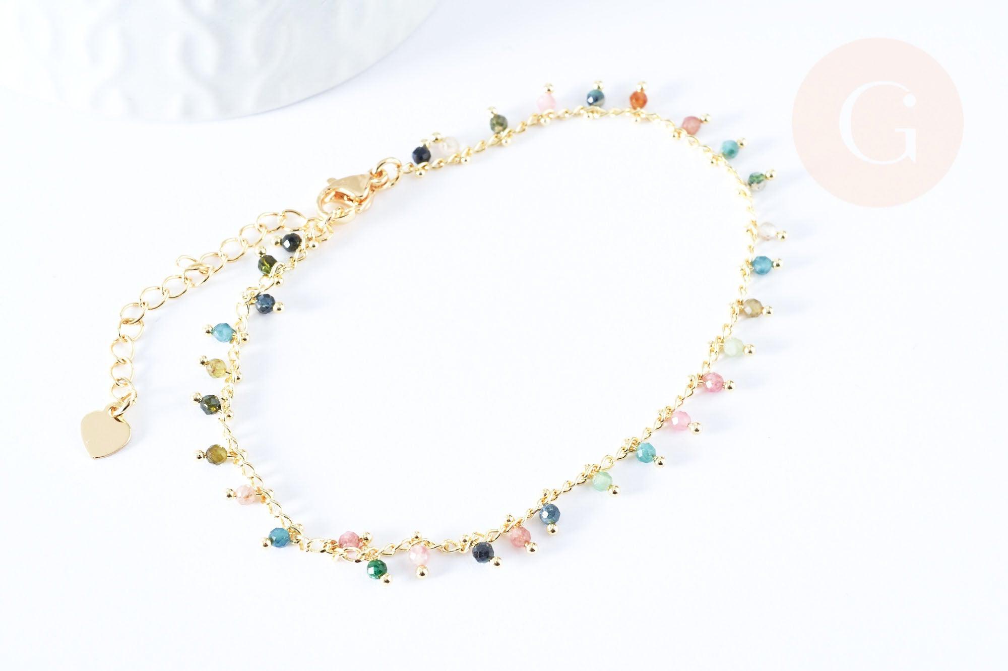 Bracelet réglable perles tourmaline laiton doré 19cm, x1 (G6978)