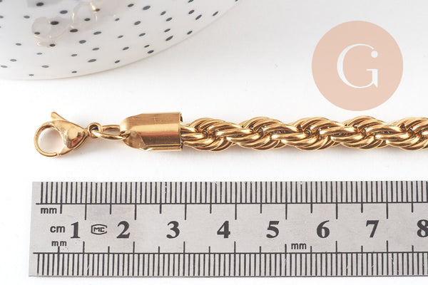 Bracelet torsadé acier doré 14k,bracelet acier chirurgical, sans nickel, 22cm, x1 (G1398)