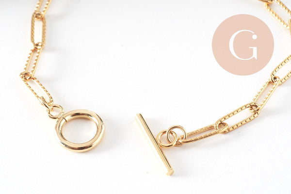 Bracelet trombone striée acier doré 14k inoxydable, fermoir en T, sans nickel, 20.9cm, x1 (G5805)