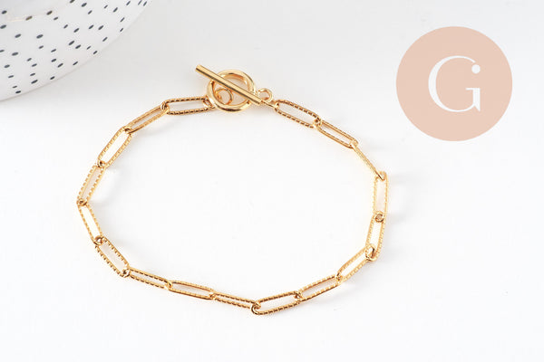 Bracelet trombone striée acier doré 14k inoxydable, fermoir en T, sans nickel, 20.9cm, x1 (G5805)